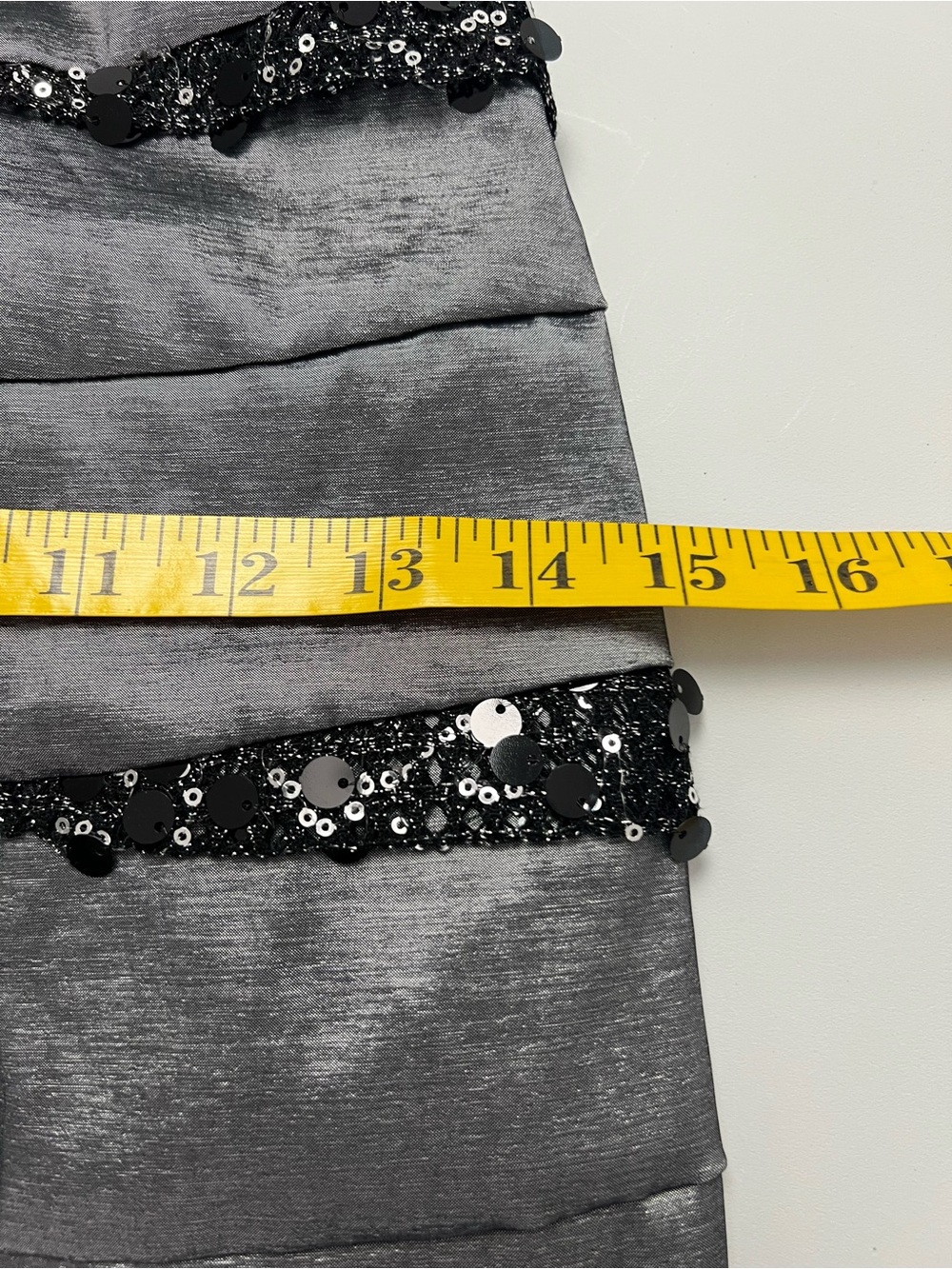 Betsy & Adam One Shoulder Bow Gray with Black Sequins Cocktail Formal Dress - Picture 10 of 16